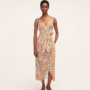 Rebecca Taylor Gingham Whisper Midi Dress Size 10 Brown Purple Wrap Tie